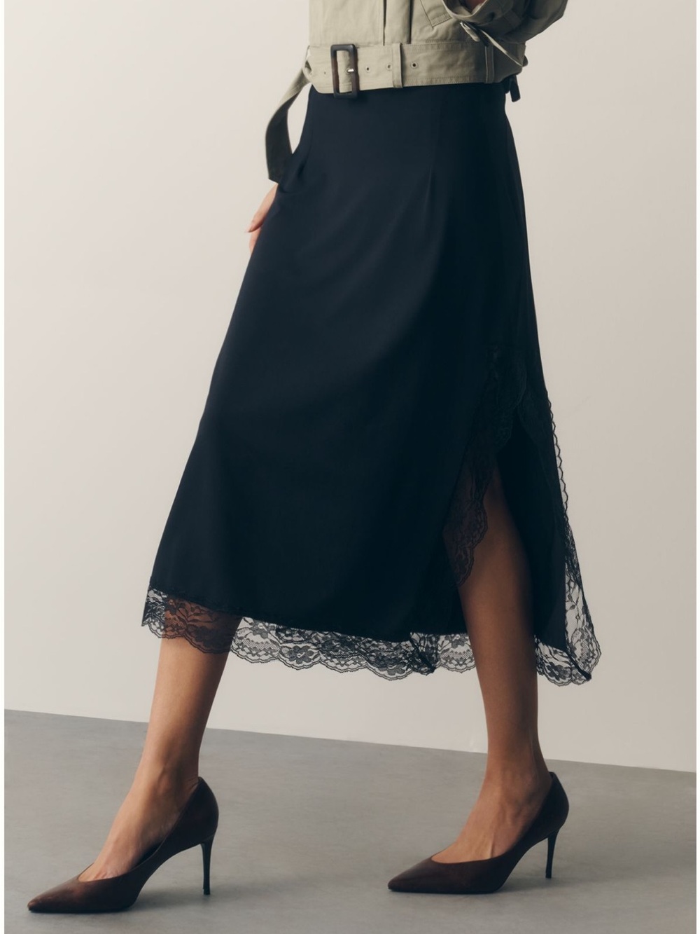 Anthropologie Black Lace-Trim Midi Skirt